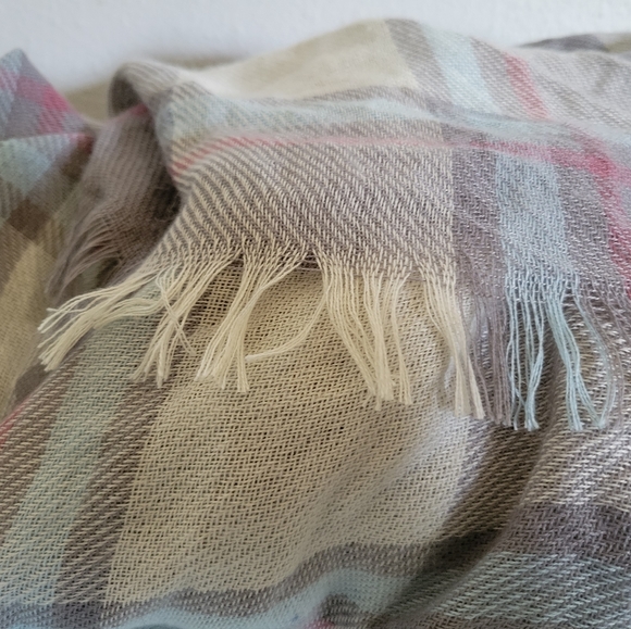 Pastel plaid scarf, 60" large shawl style with fringe - Picture 4 of 8